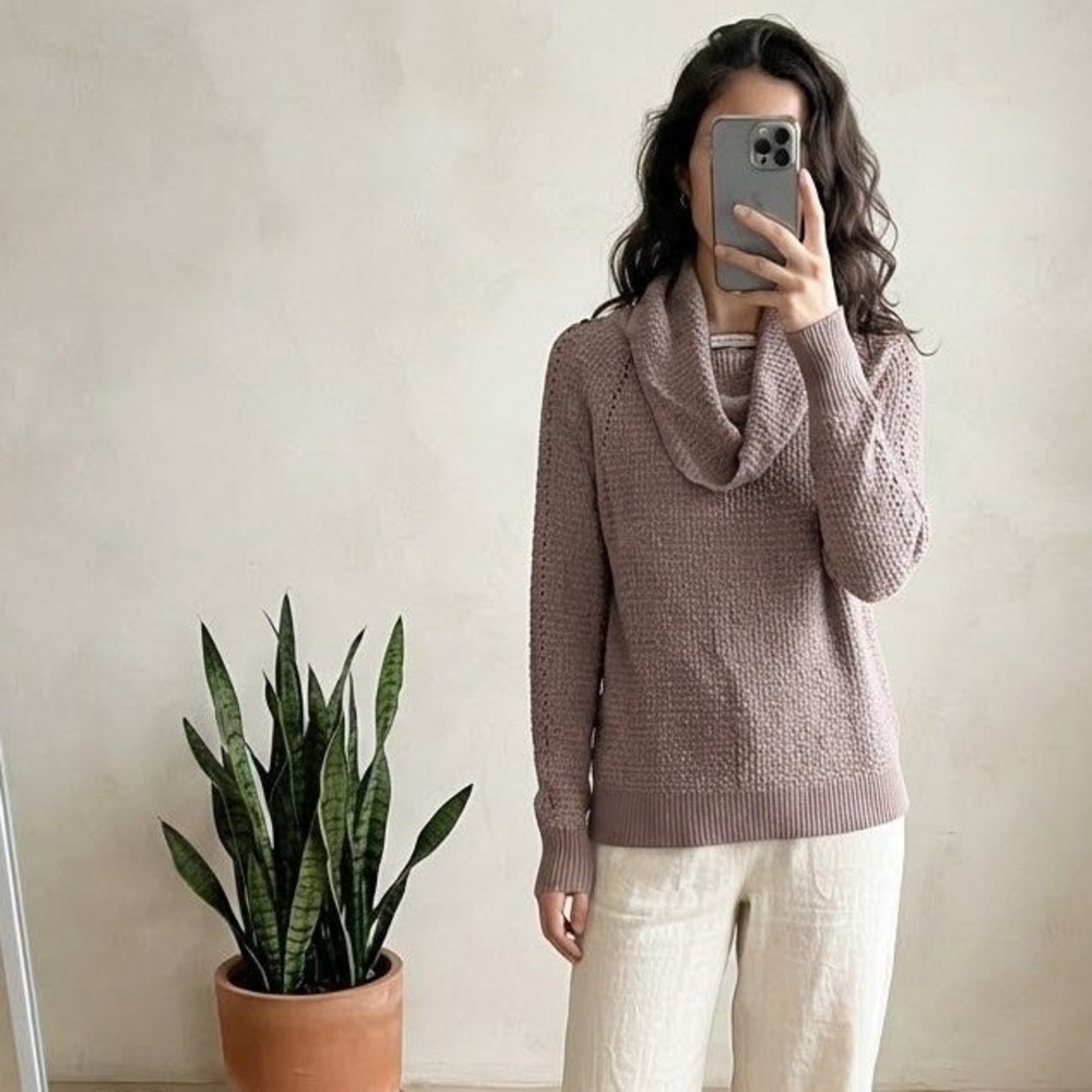 Free People Women XS Mauve Waffle Knit Cowl Neck Raglan Sweater Dusty Rose Boho